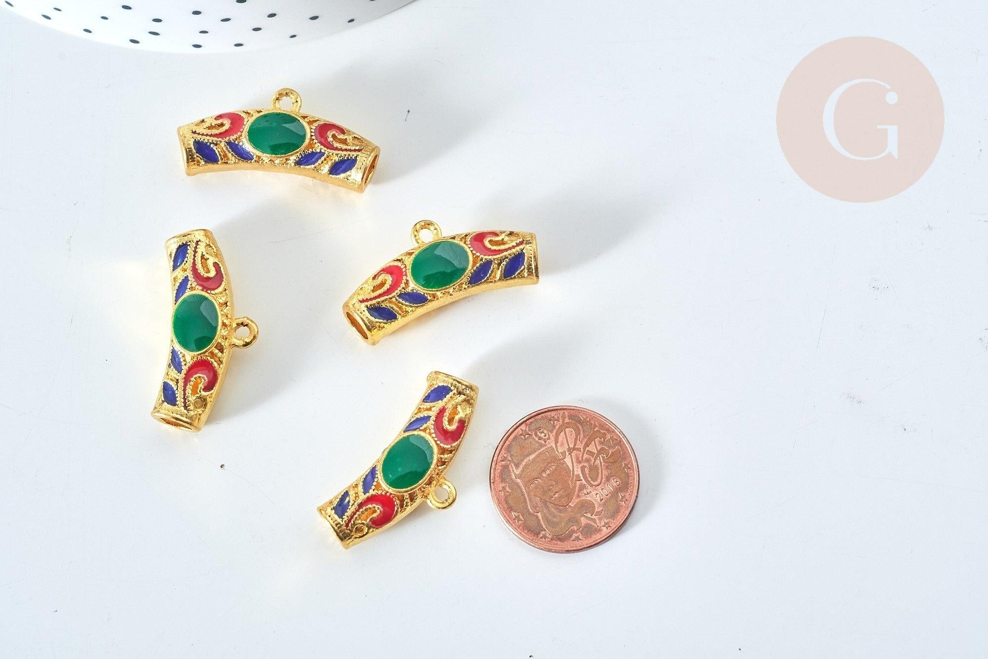 Pendentif tube antique incurvé talisman émail coloré zamac doré 14mm, créations bijoux bonheur, x1 G7911