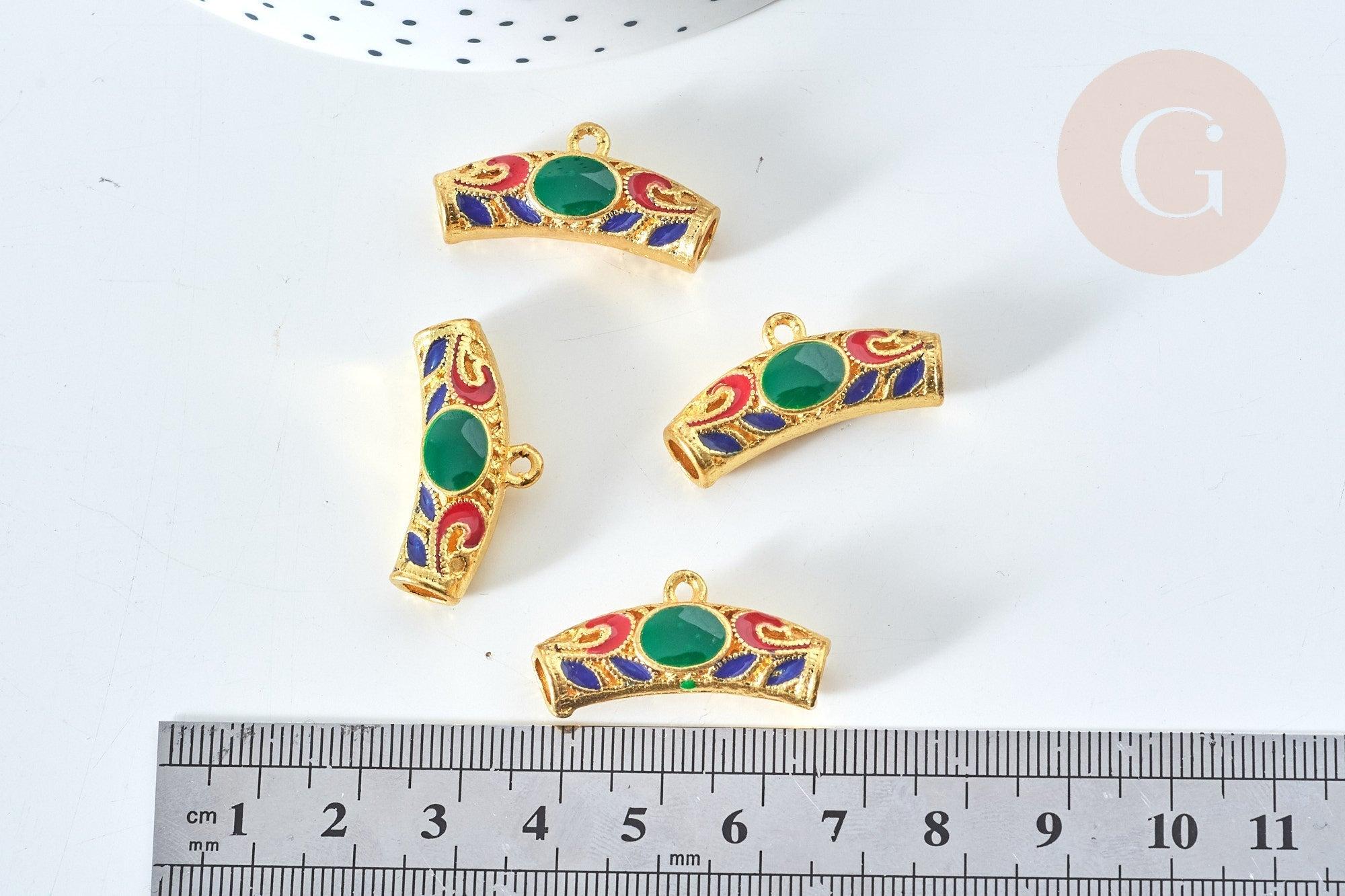 Pendentif tube antique incurvé talisman émail coloré zamac doré 14mm, créations bijoux bonheur, x1 G7911