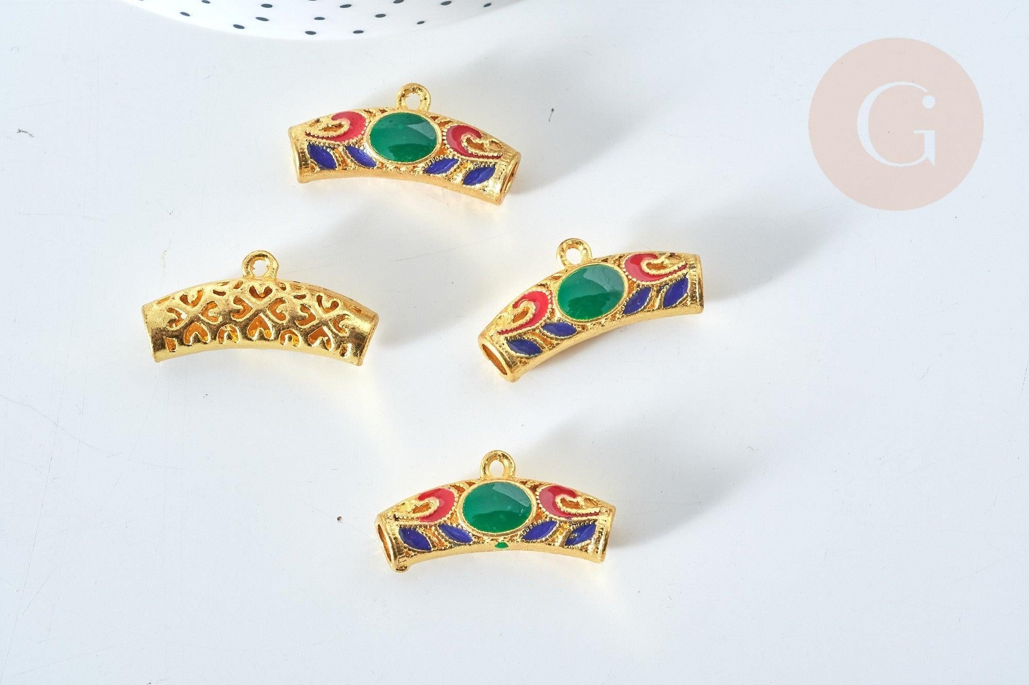 Pendentif tube antique incurvé talisman émail coloré zamac doré 14mm, créations bijoux bonheur, x1 G7911