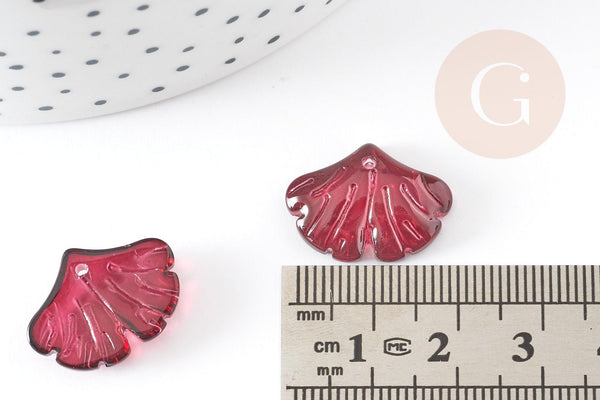 Pendentif verre fuchsia feuille gingko,pendentif verre pour création bijoux, 15x20mm, x10 (G4702)