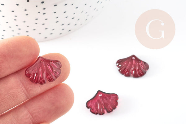 Pendentif verre fuchsia feuille gingko,pendentif verre pour création bijoux, 15x20mm, x10 (G4702)