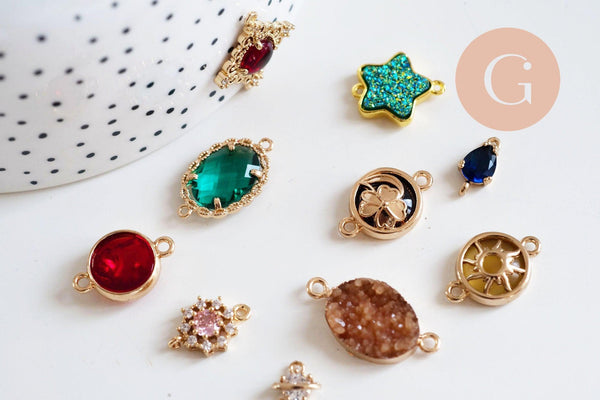 Pendentif verre pierre résine druzy zamac doré 10.5-26mm, x1 (G6415)