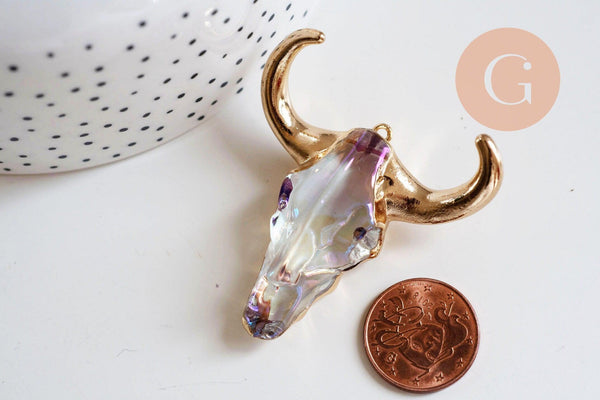 Pendentif verre tête de vache fer doré 40x60mm, x1 (G6384)