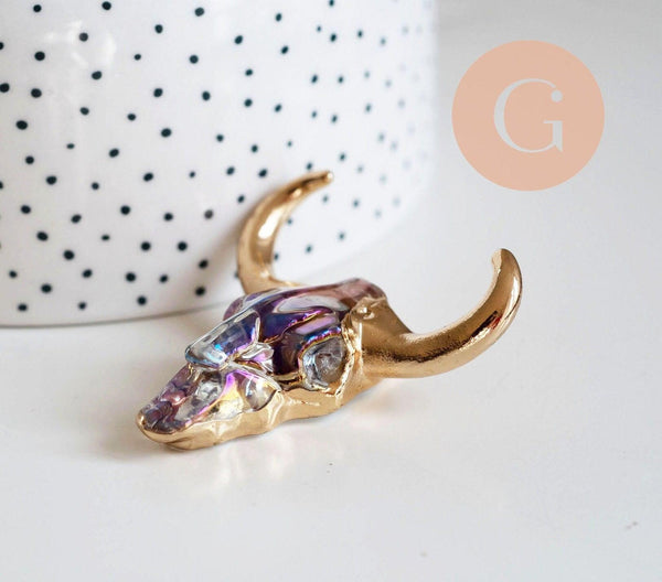 Pendentif verre tête de vache fer doré 40x60mm, x1 (G6384)