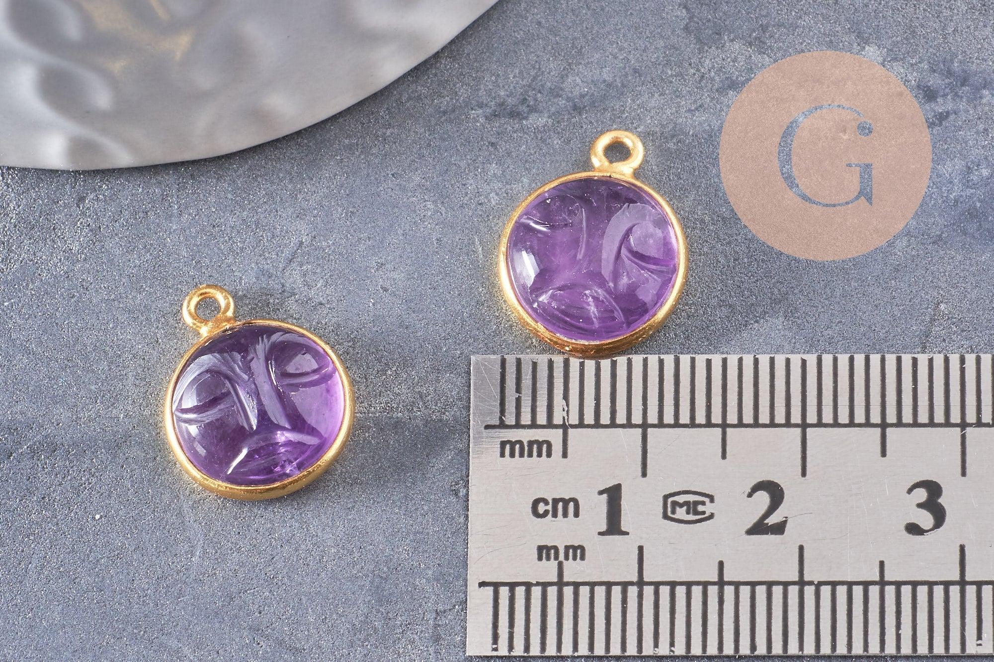 Pendentif visage de lune améthyste naturel argent 925 doré 18K 19mm,pendentif amulette pierre naturelle x1 (G9874)