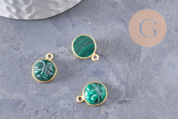 Pendentif visage de lune malachite naturelle argent 925 doré 18K 19mm, pendentif amulette pierre naturelle x1 (G9875)