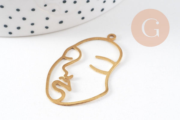 Pendentif visage laiton brut, fournitures pour bijoux, laiton brut ,bijoux moderne,43x26mm, x1, G3183