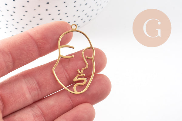 Pendentif visage laiton brut, fournitures pour bijoux, laiton brut ,bijoux moderne,43x26mm, x1, G3183