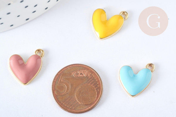 Pendentif zamac doré cœur émail couleur pastel 16mm, x5 (G7308)