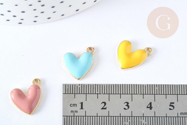 Pendentif zamac doré cœur émail couleur pastel 16mm, x5 (G7308)
