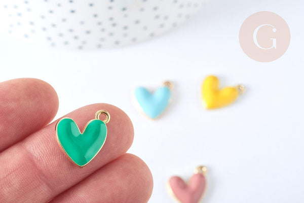 Pendentif zamac doré cœur émail couleur pastel 16mm, x5 (G7308)