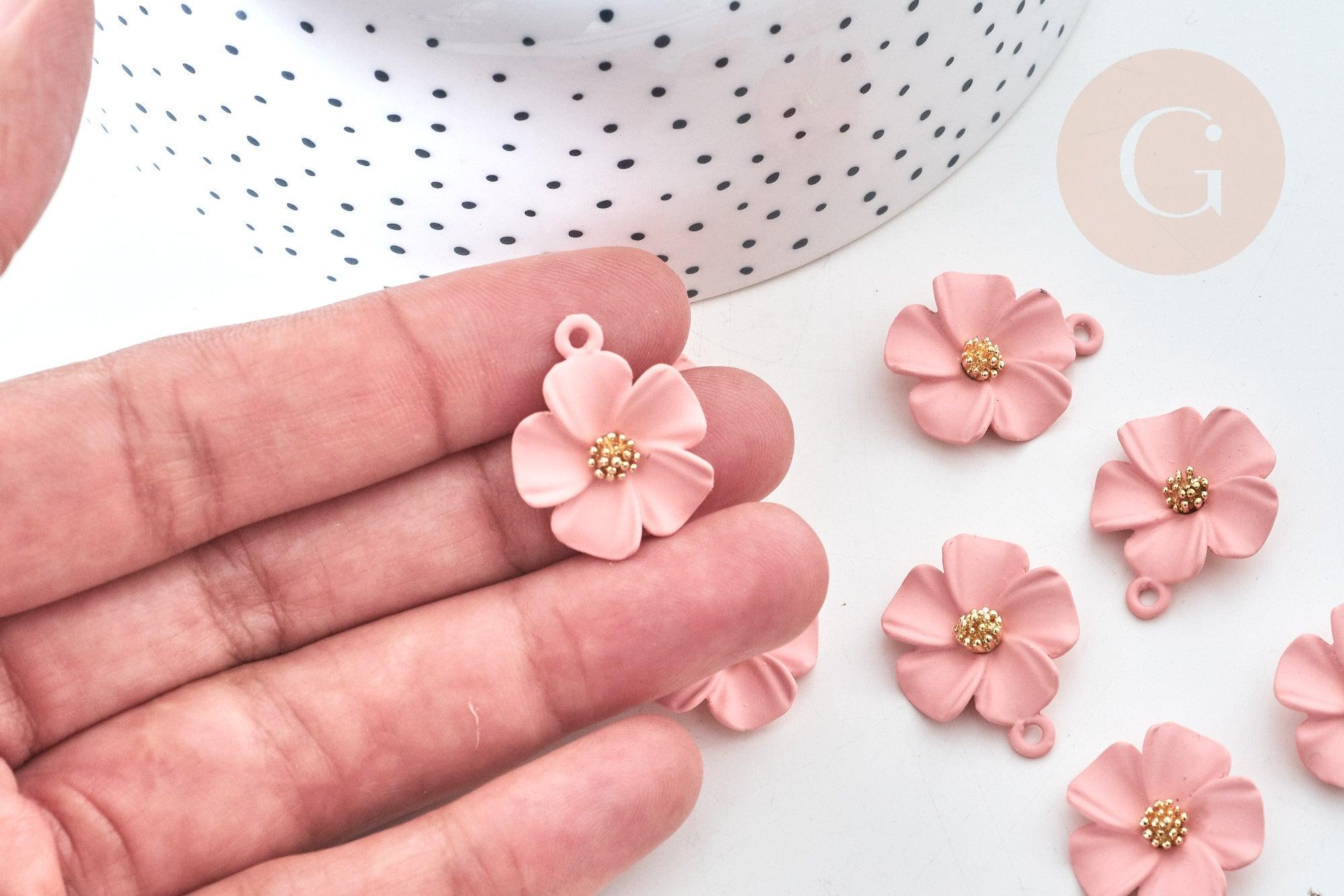 Pendentif zamac fleur rose 23,5mm, perles zamac,bijou fleur rose, x1 (G7758)