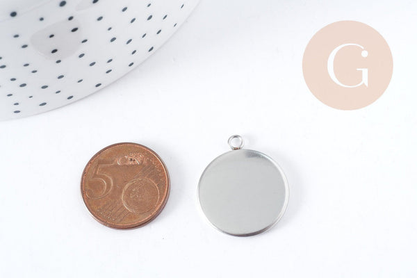 Pendentifs Support cabochon rond acier 304 inoxydable platine 25mm, x1 (G8939)