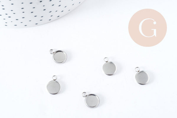 Pendentifs Supports cabochons ronds acier 304 inoxydable platine 8mm, x10 (G8941)