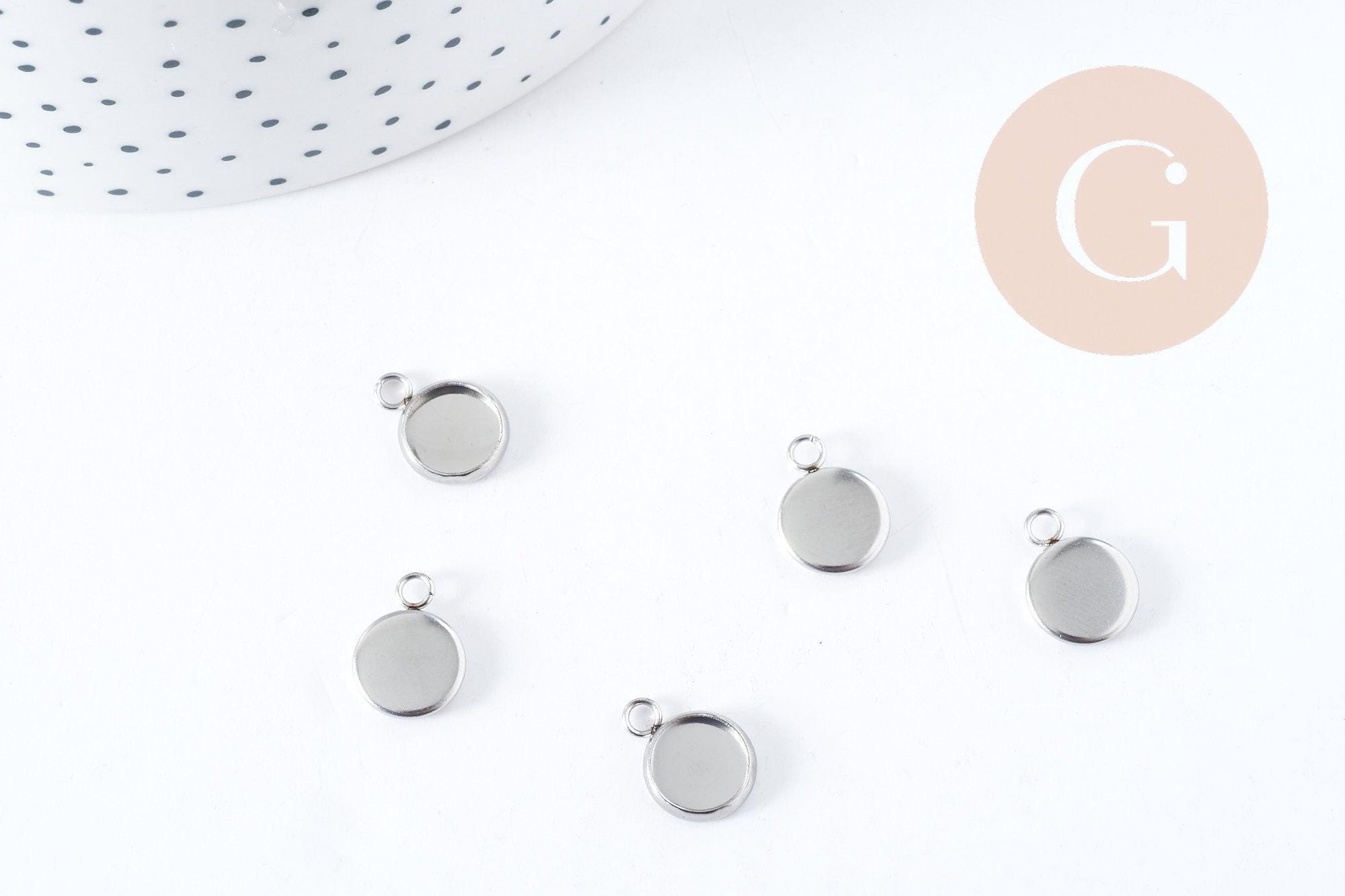 Pendentifs Supports cabochons ronds acier 304 inoxydable platine 8mm, x10 (G8941)