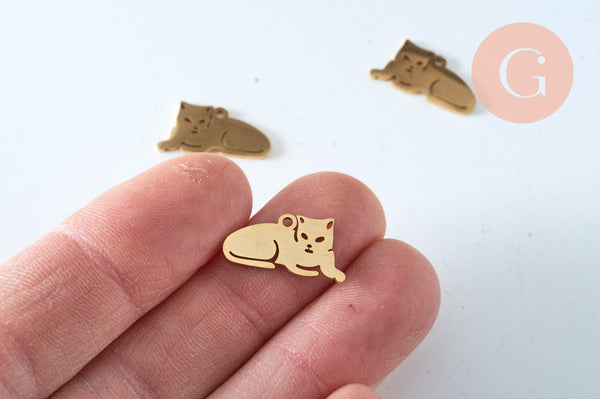 Pendentifs chat couché acier doré inoxydable 18mm, pendentif en forme de chat pour la création de bijoux acier doré, x1 (G6012)