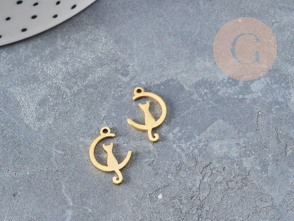 Pendentifs chat en acier 201 doré inoxydable 17.5mm, croissant de lune en forme de chat, création bijou acier doré x1 G4832
