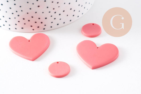 Pendentifs coeur polymère rose fuchsia 18-38mm, x2 (G10538)