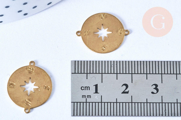 Pendentifs connecteurs ronds laiton brut boussole,connecteurs laiton,création bijoux, x1 G6426