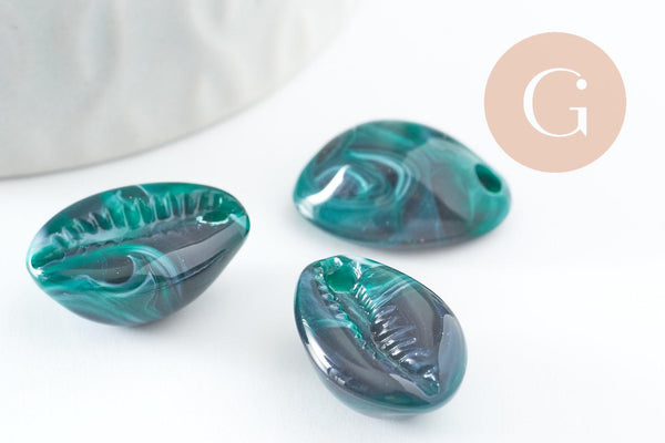Pendentifs coquillage cauri vert marbré perle acrylique 19mm, x10 (G1228)