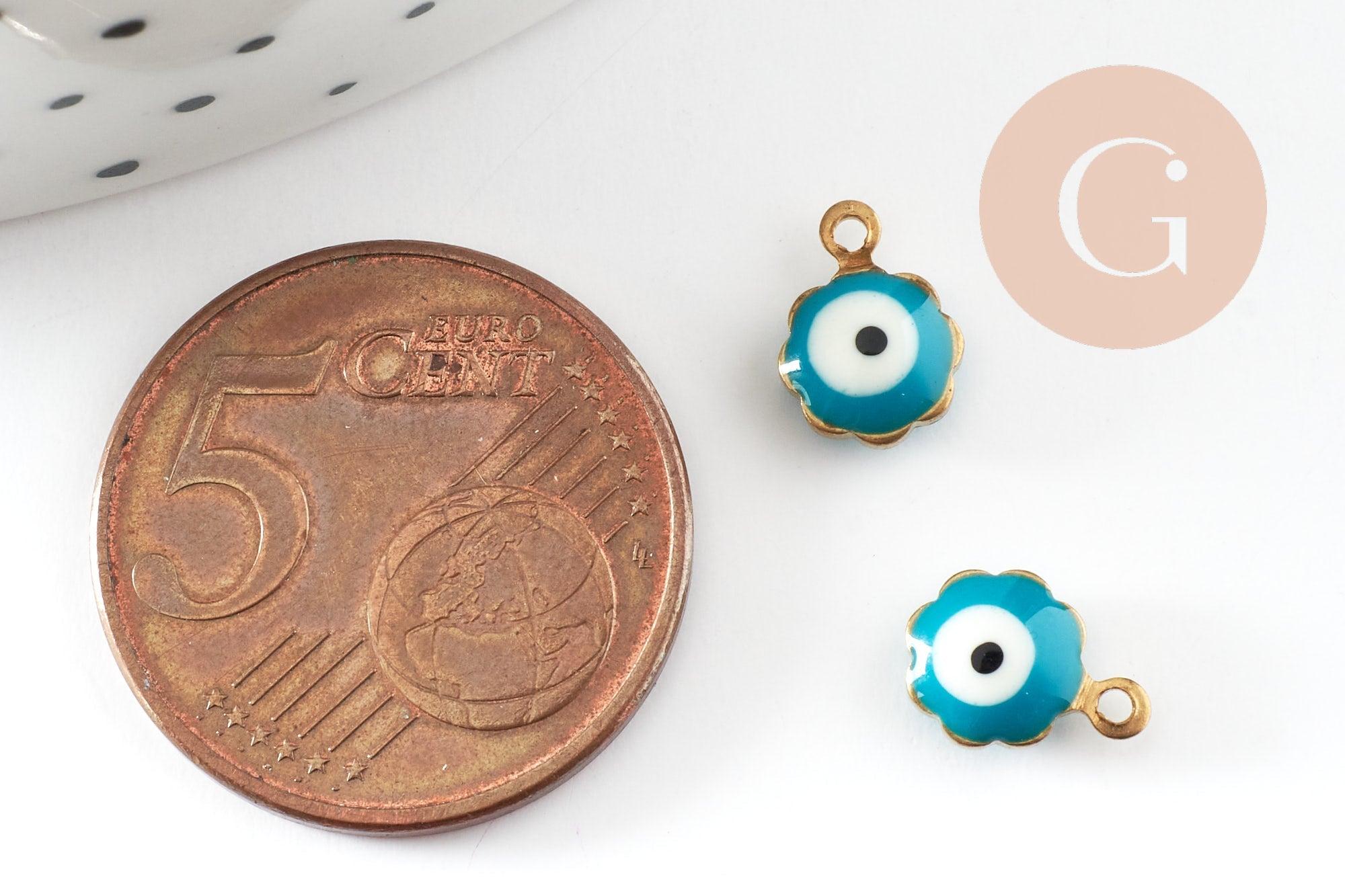 Pendentifs doré Fleur émail bleu, mauvais oeil, laitondoré, pendentif chance, 9mm, x10 G1574