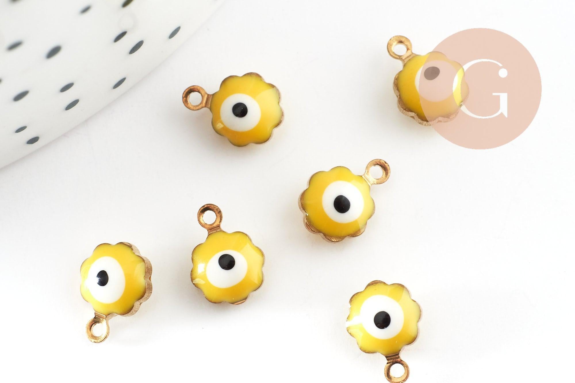 Pendentifs doré Fleur émail jaune, mauvais oeil, laiton doré, pendentif chance, 9mm, x10 G0305