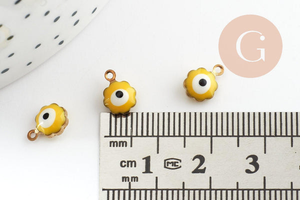 Pendentifs doré Fleur émail jaune, mauvais oeil, laiton doré, pendentif chance, 9mm, x10 G0305