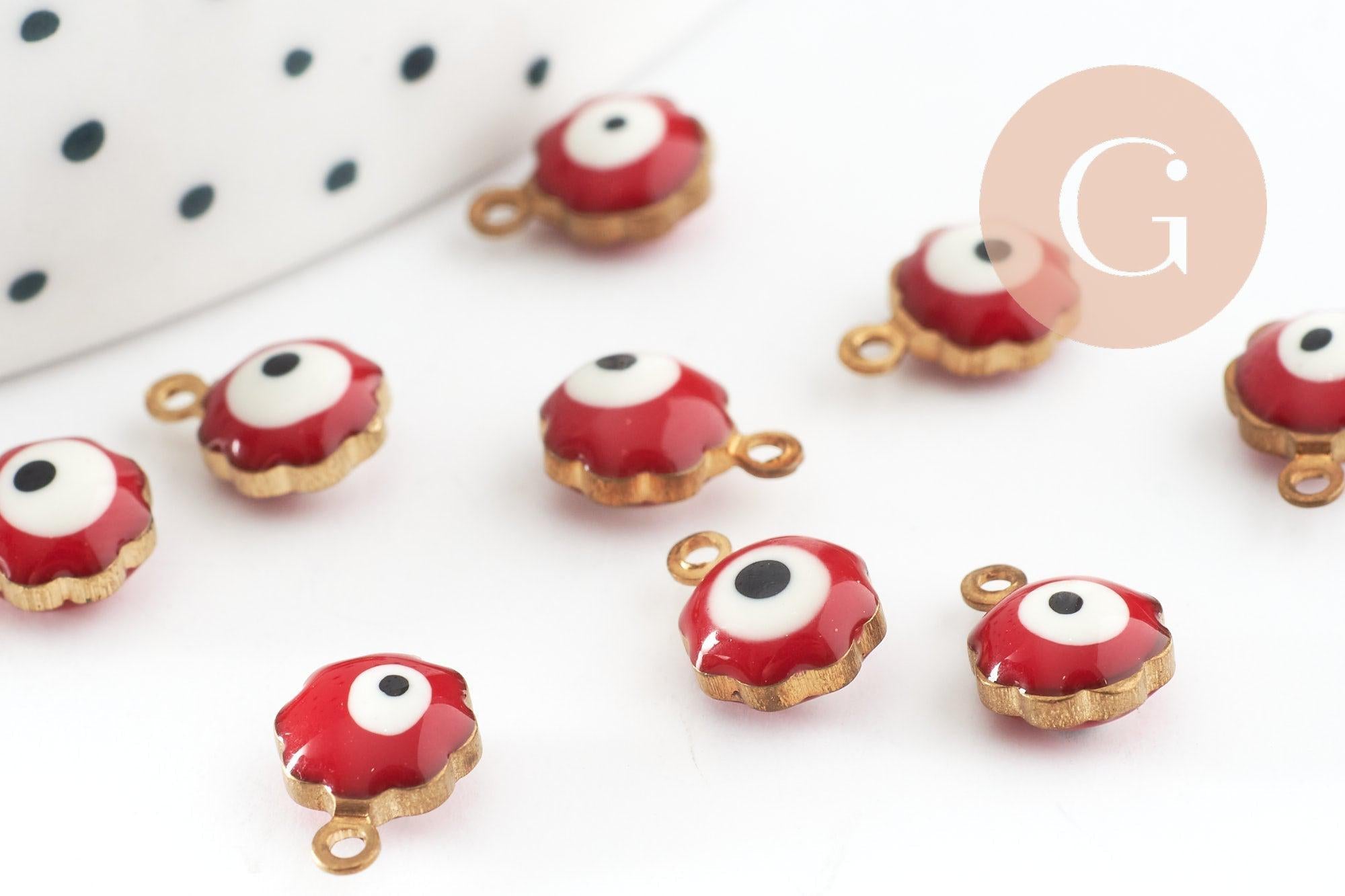 Pendentifs doré Fleur émail rouge, mauvais oeil, laiton doré, pendentif chance, 9mm, x10 G1576