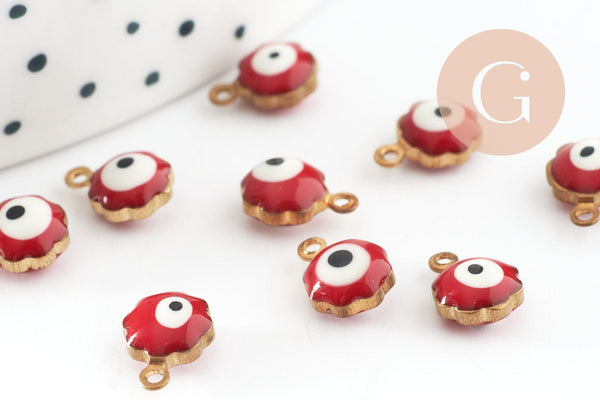 Pendentifs doré Fleur émail rouge, mauvais oeil, laiton doré, pendentif chance, 9mm, x10 G1576