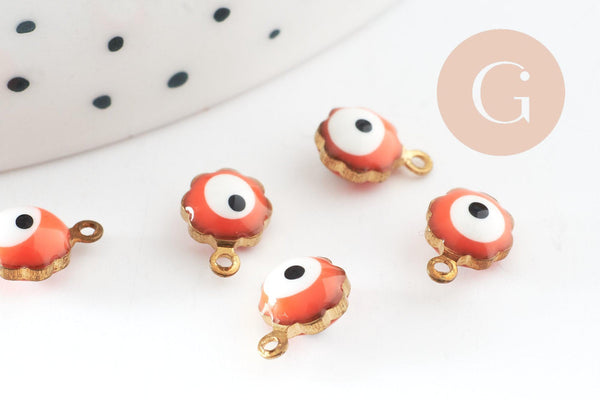 Pendentifs doré Fleur oeil protecteur émail orange 9mm, x10 (G0811)