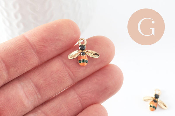 Pendentifs doré abeille émaillé pendentif insecte métal doré 15mm, x5 (G3182)
