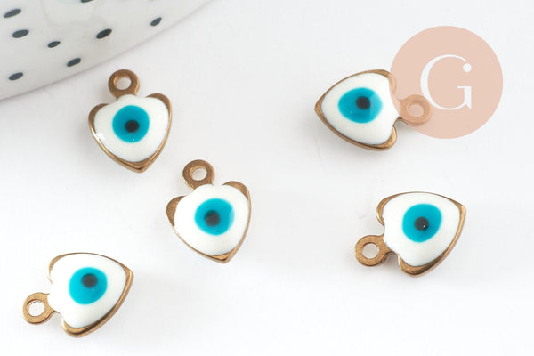 Pendentifs doré coeur émail blanc, mauvais oeil, laiton doré, pendentif chance,création bijoux,11mm, x10 G4302
