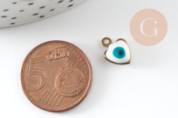 Pendentifs doré coeur émail blanc, mauvais oeil, laiton doré, pendentif chance,création bijoux,11mm, x10 G4302