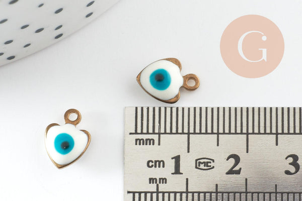 Pendentifs doré coeur émail blanc, mauvais oeil, laiton doré, pendentif chance,création bijoux,11mm, x10 G4302