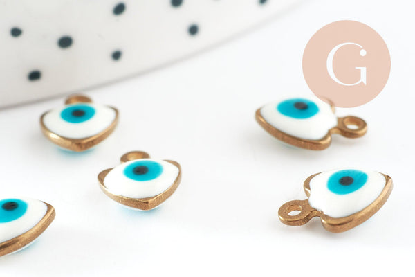 Pendentifs doré coeur émail blanc, mauvais oeil, laiton doré, pendentif chance,création bijoux,11mm, x10 G4302
