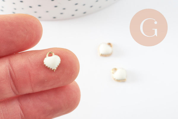 Pendentifs doré cœur émail blanc, pendentif coeur,fournitures créatives, métal doré, pendentif amour, 8mm, x10 G1885