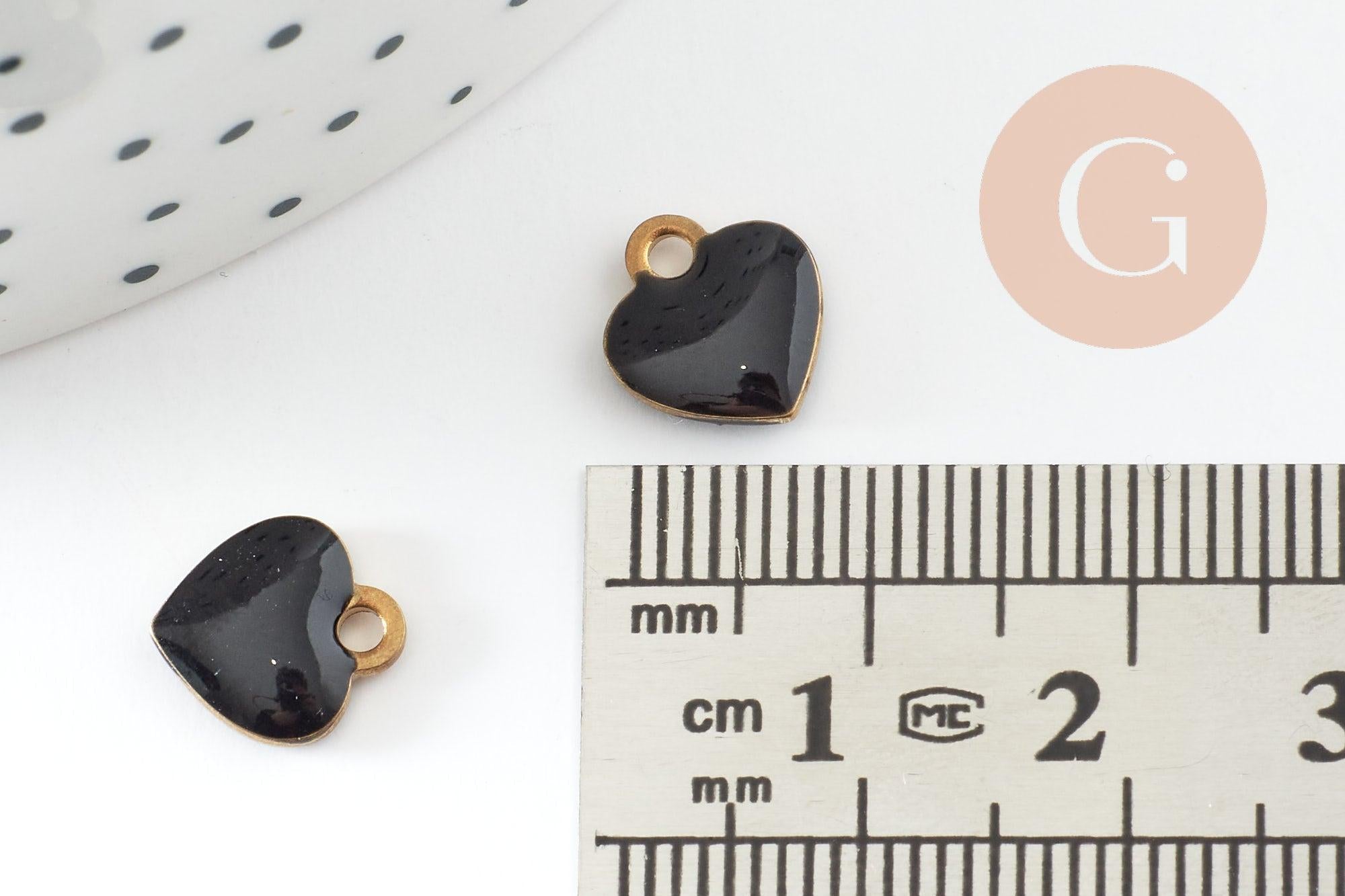 Pendentifs doré cœur émail noir, pendentif coeur, laiton brut, pendentif amour,10mm, x10 G3571