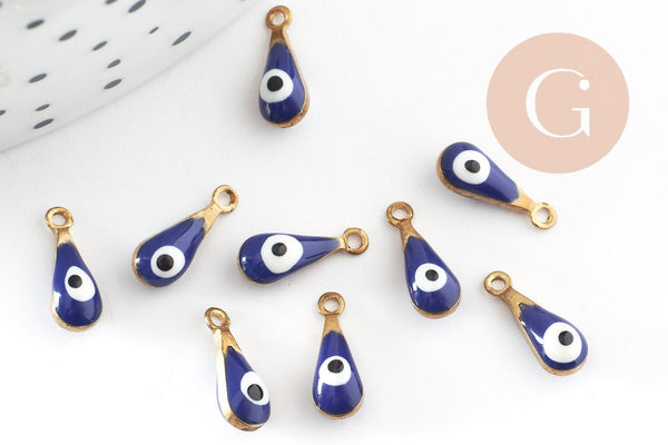 Pendentifs doré goutte Fleur émail bleu foncé, mauvais oeil, laiton doré, pendentif chance, 9mm, x10 G3560