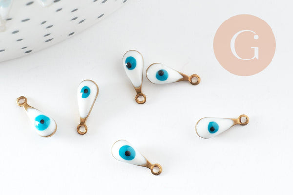 Pendentifs doré goutte émail blanc, mauvais oeil, laiton doré, pendentif chance,création bijoux,9mm, x10 G3330