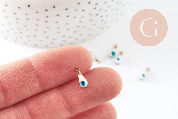 Pendentifs doré goutte émail blanc, mauvais oeil, laiton doré, pendentif chance,création bijoux,9mm, x10 G3330