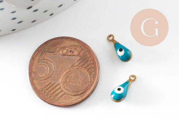 Pendentifs doré goutte émail bleu turquoise, mauvais oeil, laiton doré, pendentif chance,création bijoux,9mm, x10 G3327