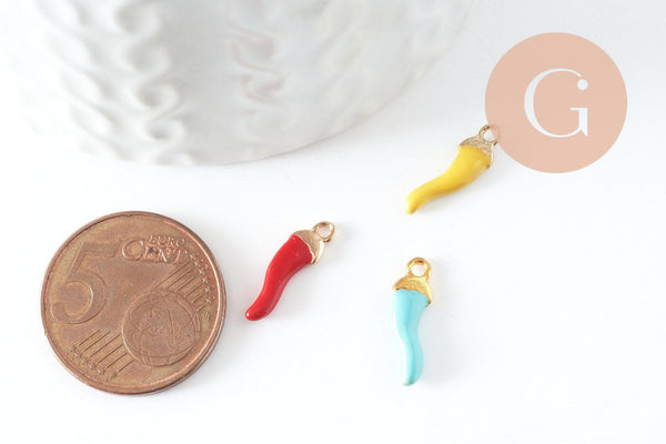 Pendentifs doré piment émail multicolore 15mm, breloque laiton doré coloré pour création bijoux, x10 (G8806)