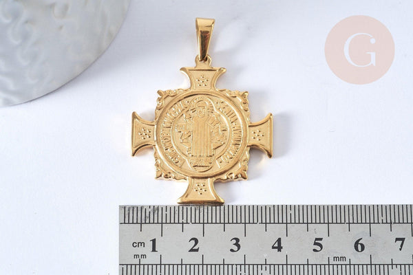 Pendentifs en acier inoxydable saint Benoit, création bijou acier inoxydable, 39mm, x1 G4608