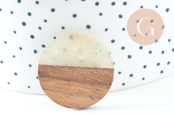 Pendentifs en bois de noyer résine iridescente, perle bois naturel, Perle géométrique,perle rectangle,création bijoux bois,28mm,x2 G4384