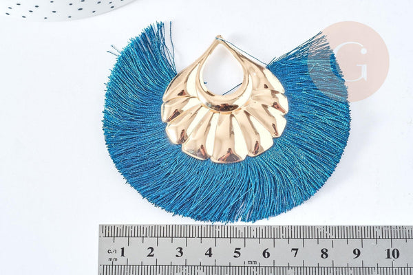 Pendentifs larges pompon fil bleu vert support fer doré 85-92mm, x2 (G8505)