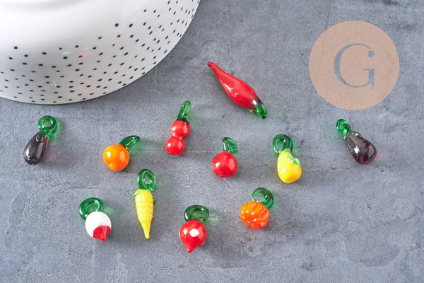 Pendentifs mélangés fruits en verre tchèque 22-34mm, x5 (G3255)