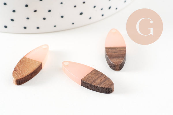Pendentifs ovale bois résine rose translucide 28mm, création bijoux bois, x5 G1446