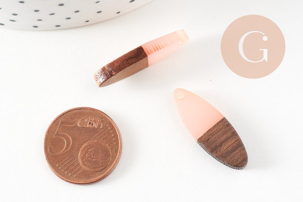 Pendentifs ovale bois résine rose translucide 28mm, création bijoux bois, x5 G1446