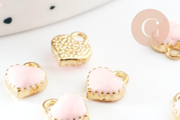 Pendentifscœur émail rose zamac doré 8mm, x10 (G5305)