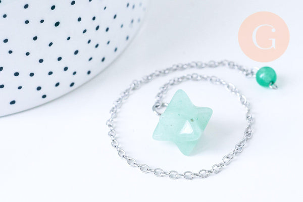 Pendule radiesthésie Etoile Merkaba aventurine chaine argent, pendule magnétisme, litotherapie,création bijoux,23cm, x1 G5536